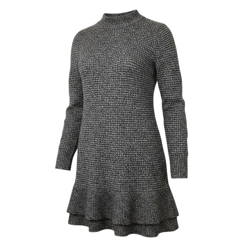 dip Womens Metallic Knit Tunic Sweater Gray Ruffle Hem XS